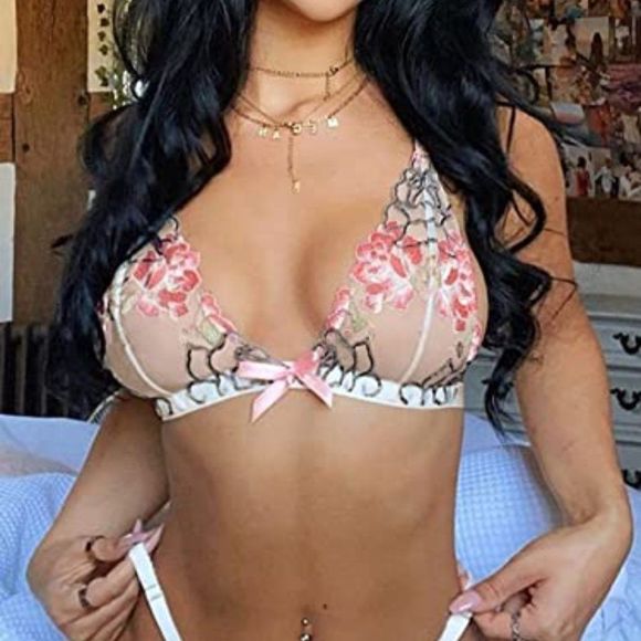 Kaei&Shi Sheer Floral Embroidered, High Cut G String, Satin Bow Lingerie - Picture 2 of 4